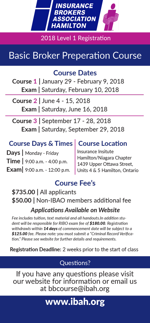 2018 RIBO Level 1 Licensing Course, Insurance Brokers Association of Hamilton