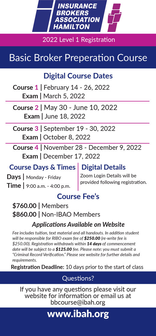 2022 RIBO Level 1 Licensing Course, Insurance Brokers Association of Hamilton